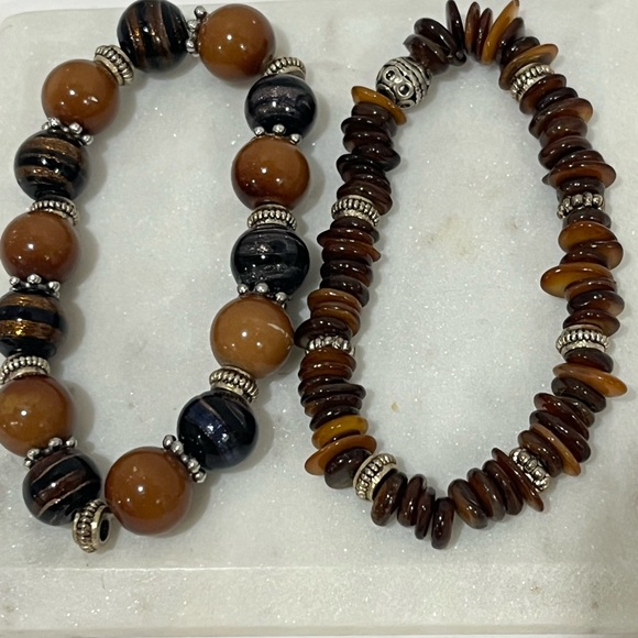 Set of 2 Round & Stackable Brown Agate Stones & Glass Elastic Bracelets - Picture 2 of 5